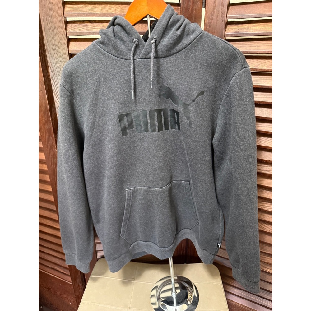 Puma Mens Essentials Big Logo Hoodie Charcoal Gray Fleece Sweatshirt Large